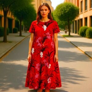 GILL Colourful Red Print Maxi Sheath Dress High Leg Slits Short Sleeves MP Size